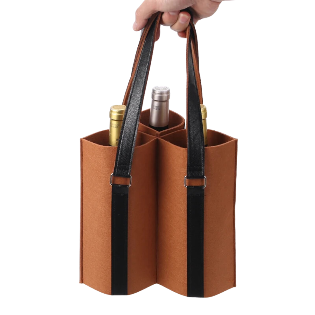 WINE BAG MADE OF FELT AND LEATHER STRAPS